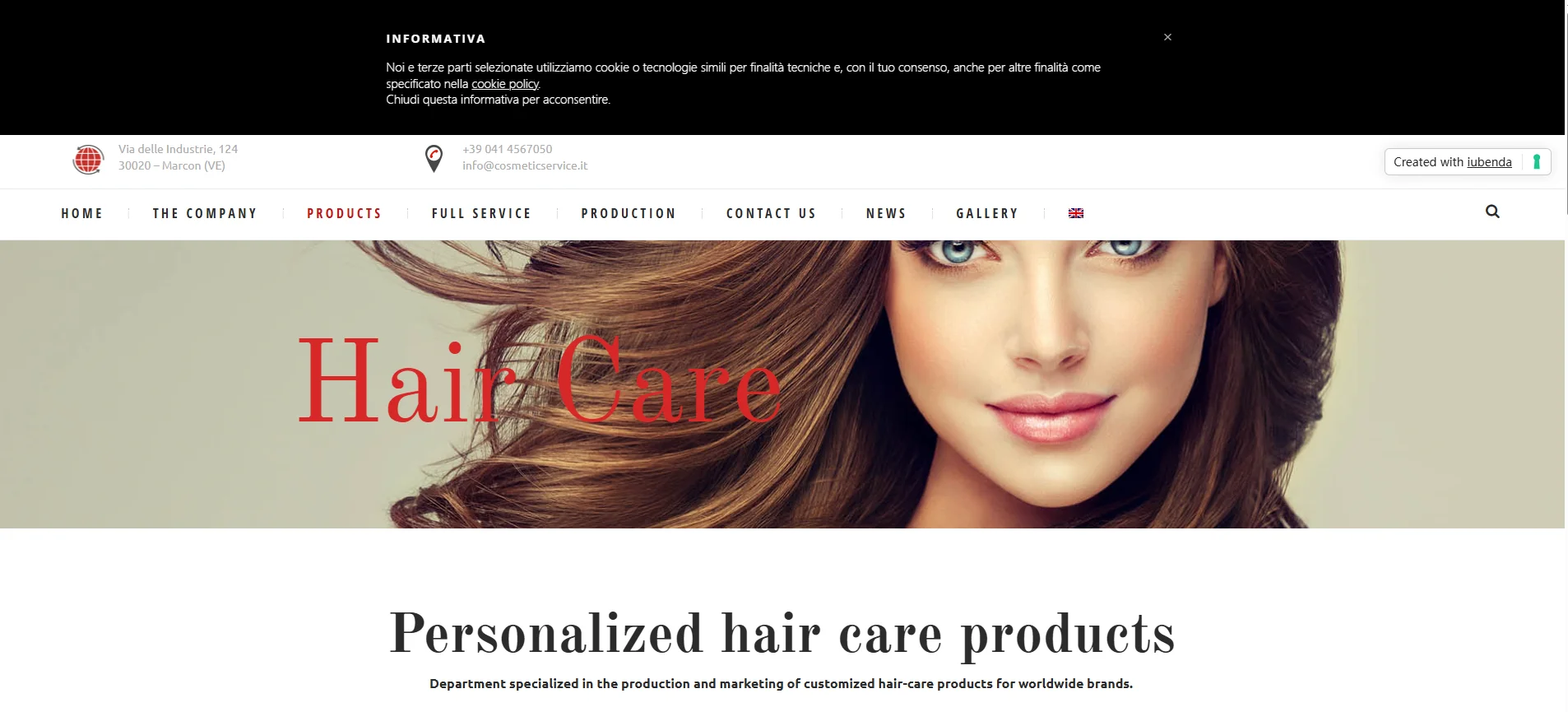 Website section featuring a woman with flowing hair, showcasing 'Hair Care' text and personalized hair care product information.